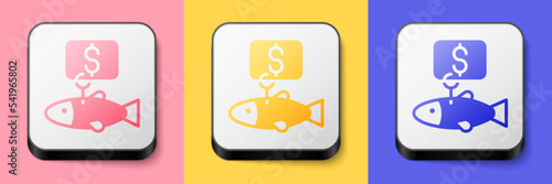 Isometric Price tag for fish icon isolated on pink, yellow and blue background. Square button. Vector