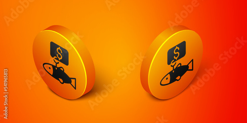 Isometric Price tag for fish icon isolated on orange background. Orange circle button. Vector