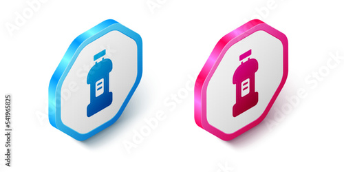 Isometric Plastic bottle for laundry detergent, bleach, dishwashing liquid or another cleaning agent icon isolated on white background. Hexagon button. Vector