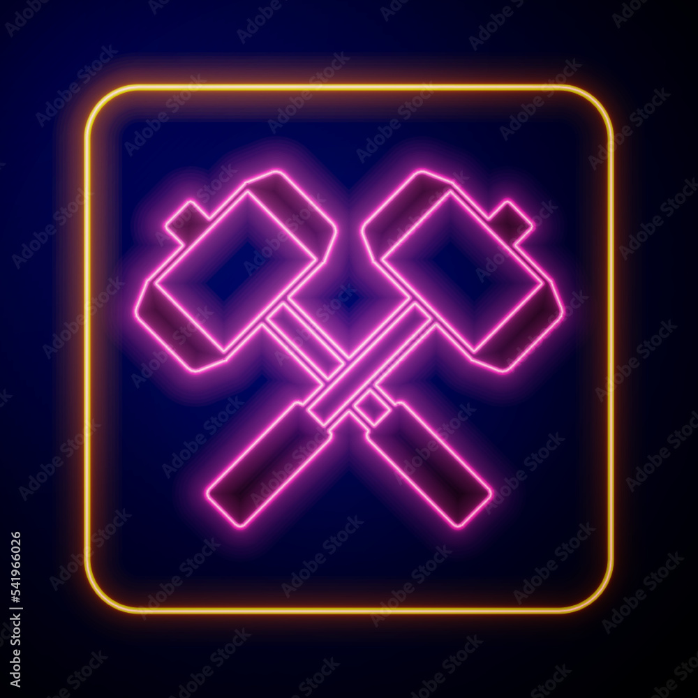 Glowing neon Medieval crossed battle hammers icon isolated on black background. Vector Glowing neon Medieval crossed battle hammers icon isolated on black background. Vector