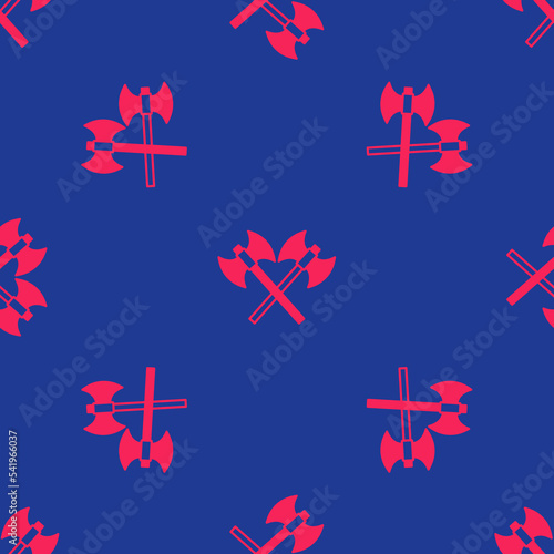 Red Crossed medieval axes icon isolated seamless pattern on blue background. Battle axe, executioner axe. Medieval weapon. Vector