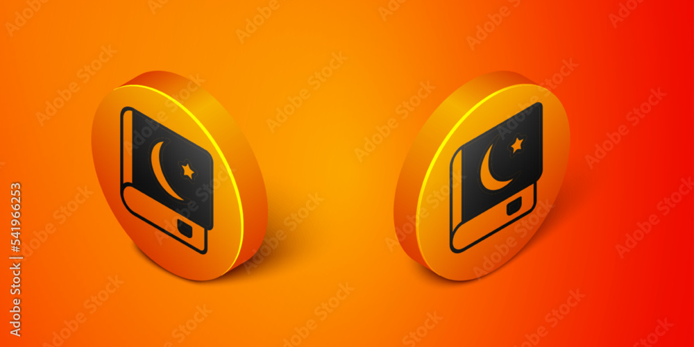 Isometric Holy book of Koran icon isolated on orange background. Muslim holiday, Eid Mubarak, Eid al-fitr, Ramadan Kareem. Orange circle button. Vector Isometric Holy book of Koran icon isolated on orange background. Muslim holiday, Eid Mubarak, Eid al-fitr, Ramadan Kareem. Orange circle button. Vector
