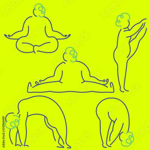 Set of linear people doing yoga in different poses. Flat vector illustration