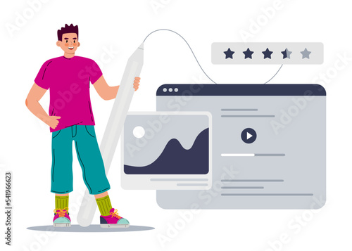 Ui ux designer arrangement interface elements of the application and sites. A man with a stylus disassembles the design of the site. Vector illustration in a flat style