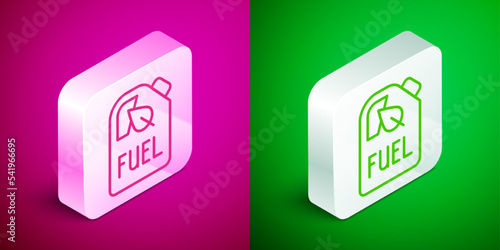 Isometric line Bio fuel canister icon isolated on pink and green background. Eco bio and barrel. Green environment and recycle. Silver square button. Vector
