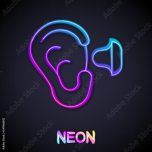 Glowing neon line Earplugs and ear icon isolated on black background. Ear plug sign. Noise symbol. Sleeping quality concept. Vector