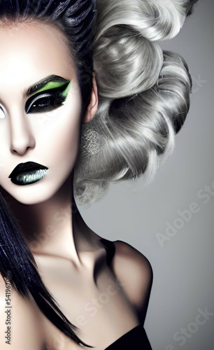Portrait of a girl with creative makeup and hairstyle. Illustration. Created with the help of artificial intelligence