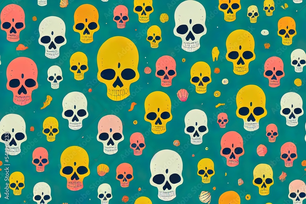 Collection of one print and one seamless pattern. Bright Psychedelic skulls. Underwater world. Jellyfishes, Corals and shells. Textile composition, hand drawn style print. 2d illustrated illustration.