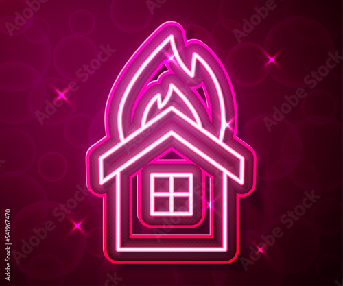 Glowing neon line Fire in burning house icon isolated on red background. Insurance concept. Security, safety, protection, protect concept. Vector