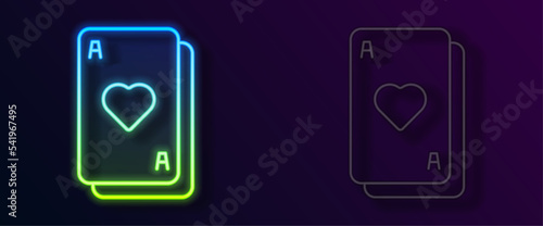 Glowing neon line Playing cards icon isolated on black background. Casino gambling. Vector