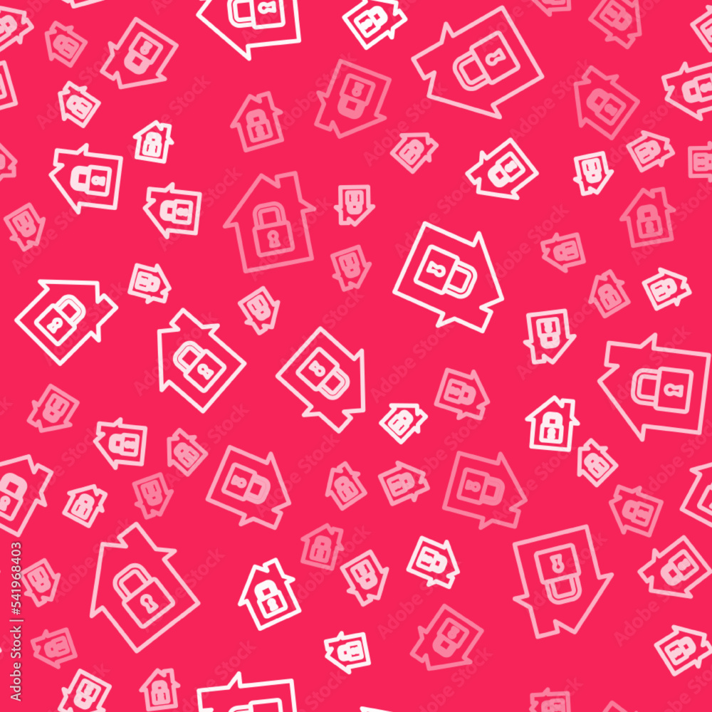 White line House under protection icon isolated seamless pattern on red background. Home and lock. Protection, safety, security, protect, defense concept. Vector White line House under protection icon isolated seamless pattern on red background. Home and lock. Protection, safety, security, protect, defense concept. Vector