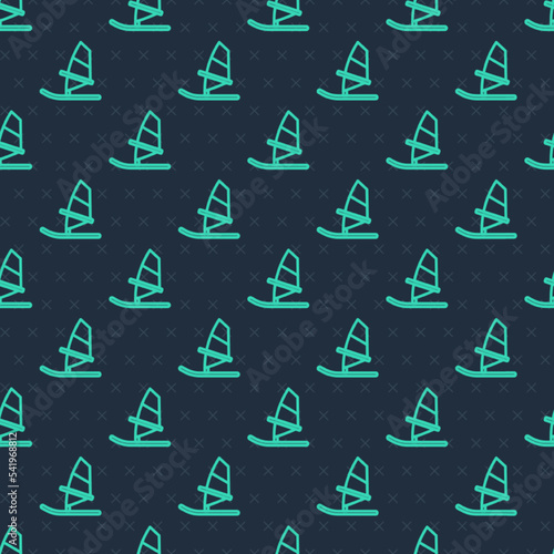 Green line Windsurfing icon isolated seamless pattern on blue background. Vector