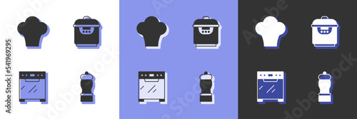 Set Pepper, Chef hat, Oven and Slow cooker icon. Vector