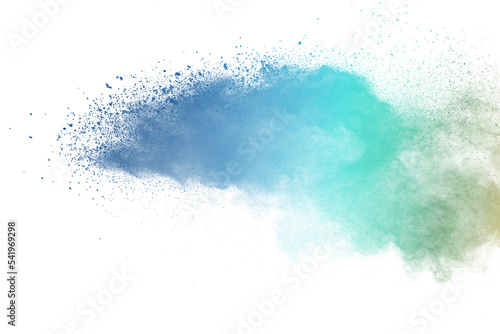 Blue and green pastal powder explosion on white background.