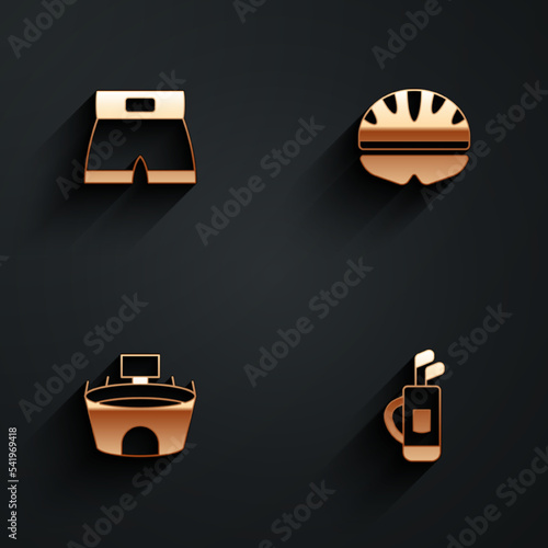 Set Boxing short, Bicycle helmet, Stadium and Golf bag with clubs icon with long shadow. Vector