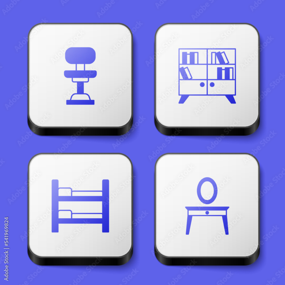 Set Office chair, Library bookshelf, Bunk bed and Dressing table icon. White square button. Vector Set Office chair, Library bookshelf, Bunk bed and Dressing table icon. White square button. Vector