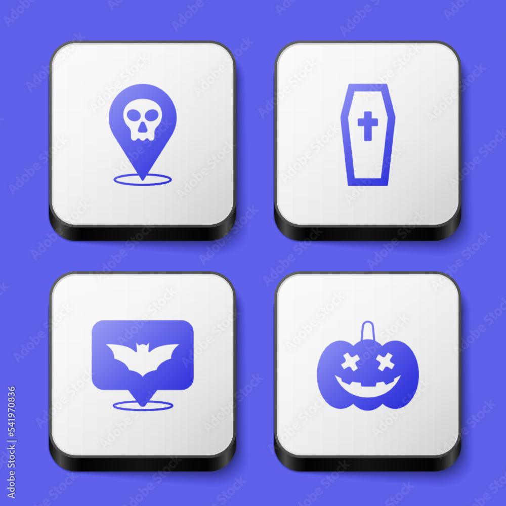 Set Skull, Coffin with christian cross, Flying bat and Pumpkin icon. White square button. Vector