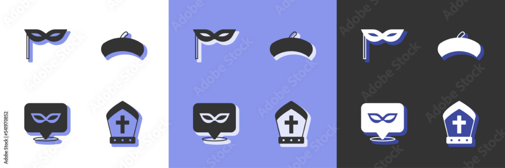 Set Pope hat, Carnival mask, and French beret icon. Vector Set Pope hat, Carnival mask, and French beret icon. Vector