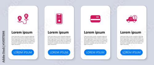Set Taximeter device, Credit card, mobile app and Route location. Business infographic template. Vector