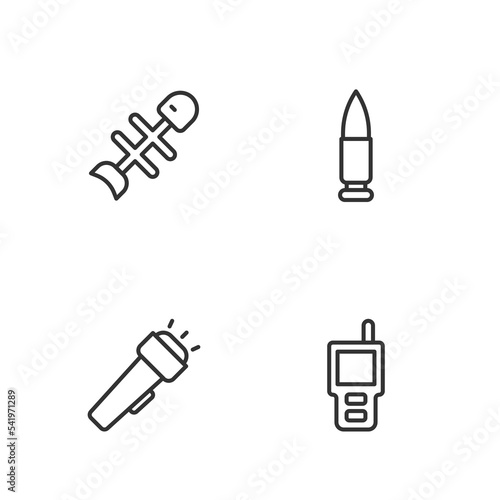 Set line Walkie talkie, Flashlight, Dead fish and Bullet icon. Vector
