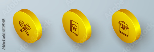 Set Isometric line Spatula, Cookbook and Slow cooker icon. Vector