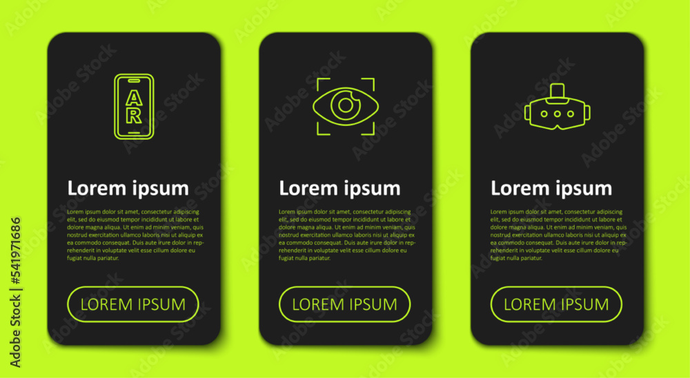 Set line Augmented reality AR, Big brother electronic eye and Virtual glasses. Business infographic template. Vector Set line Augmented reality AR, Big brother electronic eye and Virtual glasses. Business infographic template. Vector