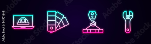 Set line Worker safety helmet, Color palette guide, Crane hook and Adjustable wrench. Glowing neon icon. Vector