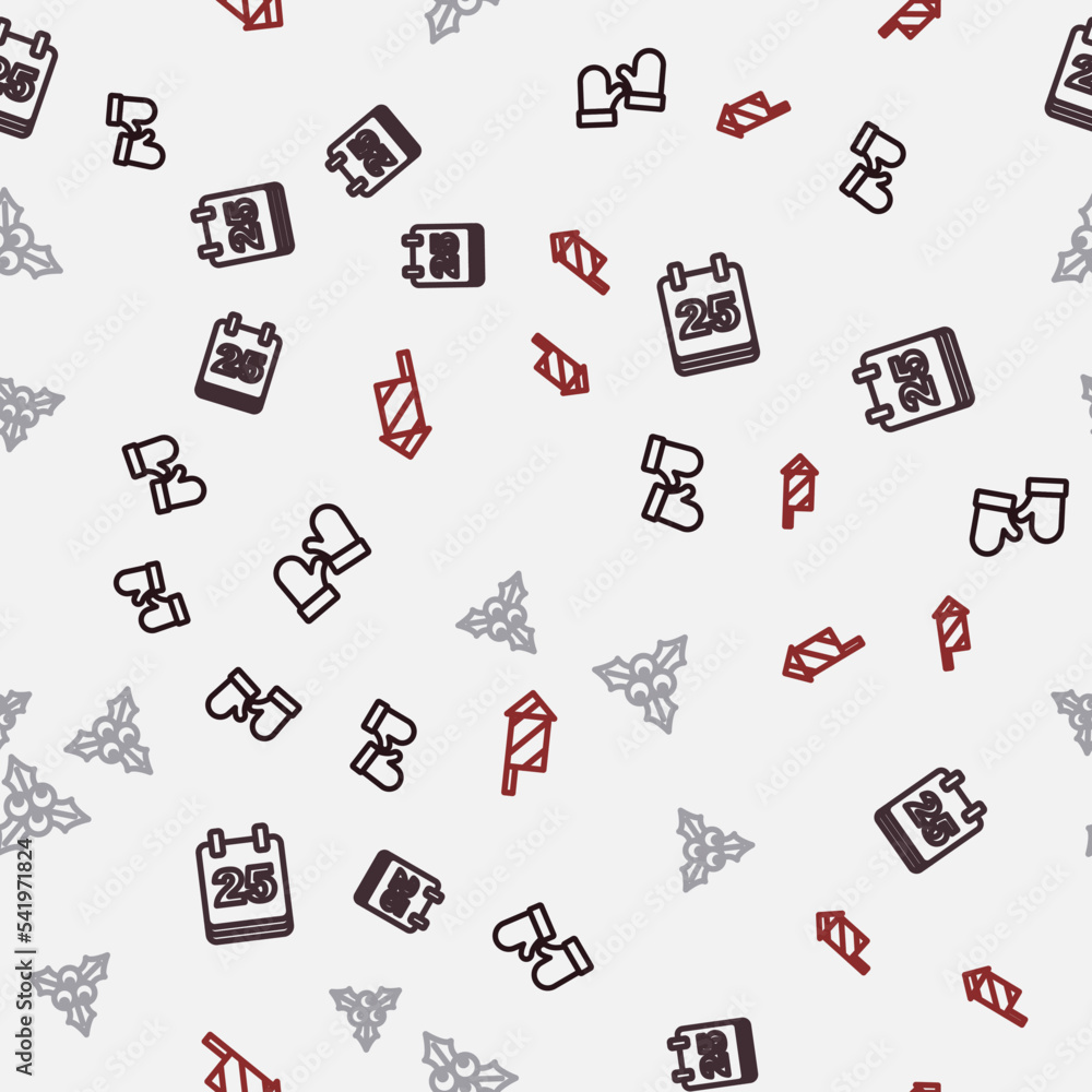 Set line Christmas mittens, day calendar, Branch viburnum and Firework rocket on seamless pattern. Vector Set line Christmas mittens, day calendar, Branch viburnum and Firework rocket on seamless pattern. Vector