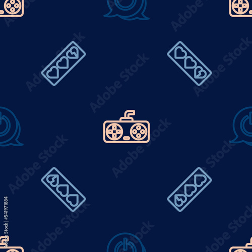 Set line Power button, Game life bar and controller or joystick on seamless pattern. Vector