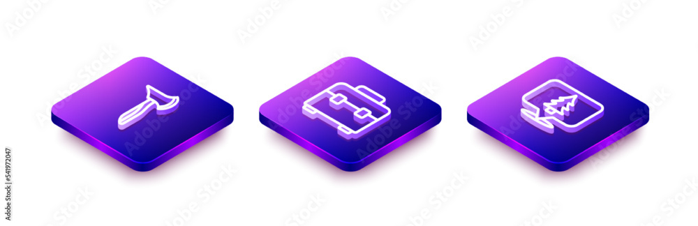 Set Isometric line Wooden axe, Toolbox and Location of the forest icon. Vector Set Isometric line Wooden axe, Toolbox and Location of the forest icon. Vector