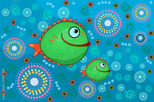 Aboriginal dot art painting with fish. Underwater life concept. Sea with fishes in decorative ethnic style. Australia aboriginal style of dot painting. Aboriginal tribal art craft. Vector illustration