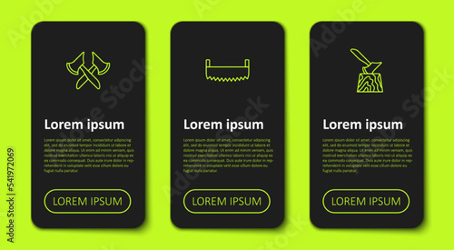 Set line Wooden axe, Two-handed saw and in stump. Business infographic template. Vector
