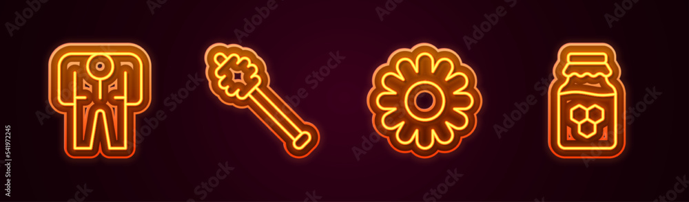 Set line Beekeeper costume, Honey dipper stick, Flower and Jar of honey. Glowing neon icon. Vector Set line Beekeeper costume, Honey dipper stick, Flower and Jar of honey. Glowing neon icon. Vector