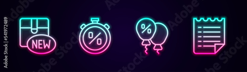 Set line New collection, Stopwatch percent discount, Discount tag and Wish list template. Glowing neon icon. Vector