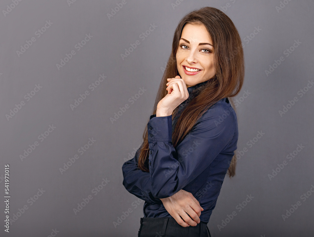 Beautiful confident thinking smiling business woman in blue shirt on grey background with empty copy space for text. Closeup Beautiful confident thinking smiling business woman in blue shirt on grey background with empty copy space for text. Closeup