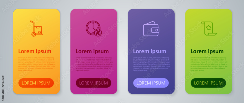 Set line Wallet, Paper check and financial check, Hand truck boxes and Clock percent discount. Business infographic template. Vector Set line Wallet, Paper check and financial check, Hand truck boxes and Clock percent discount. Business infographic template. Vector