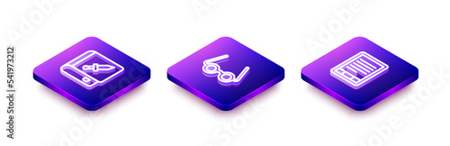 Set Isometric line Book about weapon, Glasses and E-Book reader icon. Vector