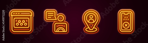 Set line Taxi mobile app, driver, client and . Glowing neon icon. Vector