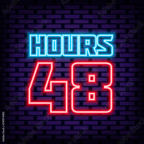 48 hours Neon signboards. On brick wall background. Night bright advertising. Trendy design elements. Vector Illustration