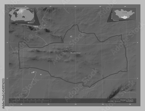 Omnogovi, Mongolia. Grayscale. Labelled points of cities photo