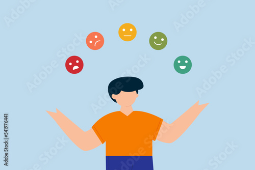 Emotional intelligence. cheerful man juggling expression emotional faces