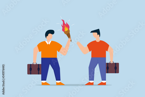 baton pass or transfer to new chosen leader. smart businessman leader passing torch to successor.