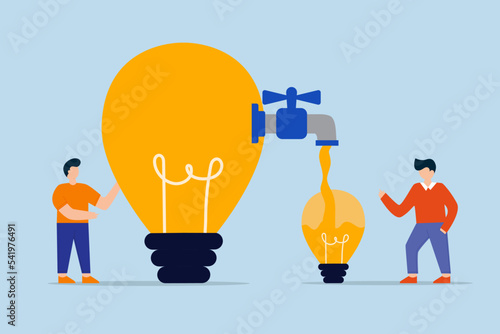 Sharing idea or knowledge sharing. business people transfer idea to new lightbulb.