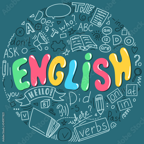 English. Hand drawn doodles and lettering. English education concept.