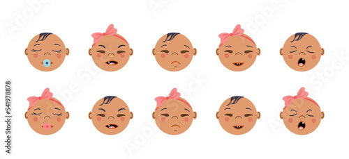 Newborns frontal portraits with different emotions. Set of Asian or American baby faces. Tiny boys and girls. Flat style hand drawn vector illustrations.