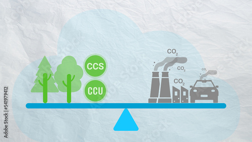 Carbon neutrality concept. Carbon dioxide reduction. CO2 gas emissions balance with carbon absorbed by trees and carbon capture technology. CO2 neutral balancing scale. Factory and transport pollution