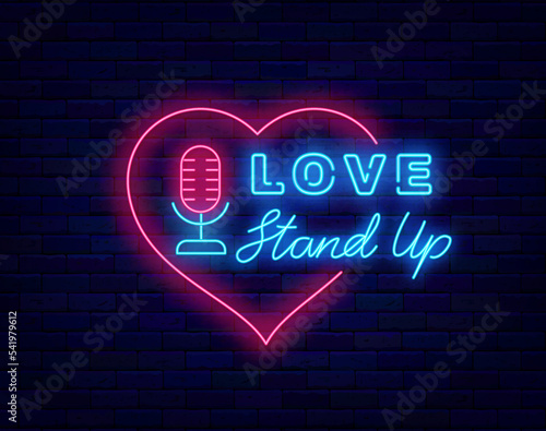 Love Stand up neon signboard. Heart frame with microphone. Comic night. Vector stock illustration