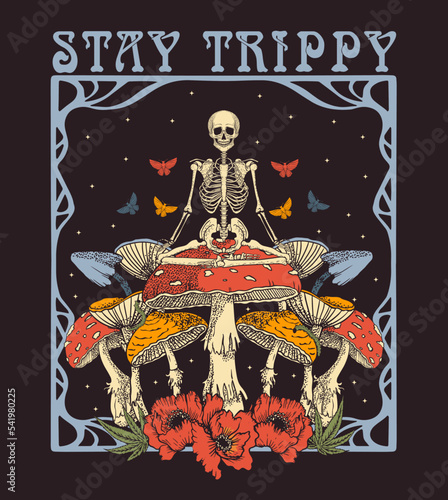 psychedelic illustration, the skeleton sits on fly agaric, print on a T -shirt. Stay trippy
