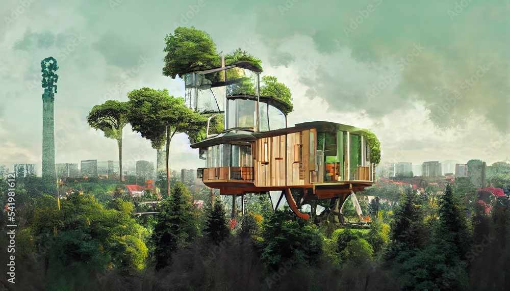 Spectacular concept art of environmental friendly modern treehouse with