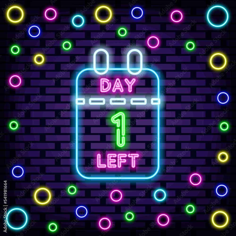 1 Day Left Neon sign. Bright signboard. Light art. Design element. Vector Illustration 1 Day Left Neon sign. Bright signboard. Light art. Design element. Vector Illustration